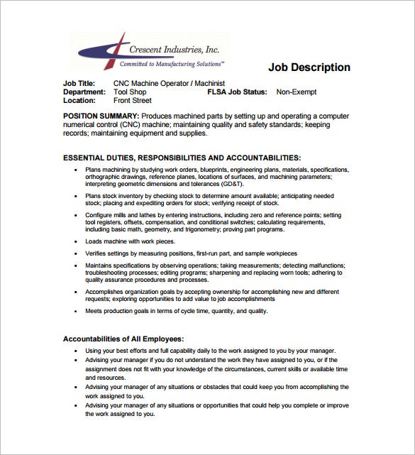 cmm operator job description pdf